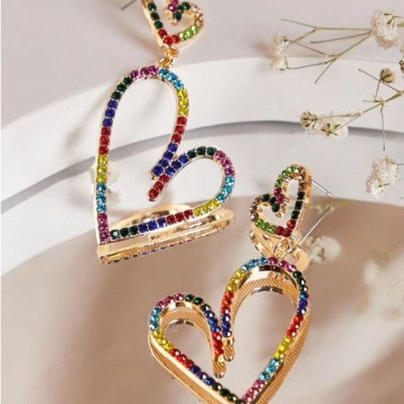 Jewelry - Rainbow Rhinestone Heart Drop Earrings